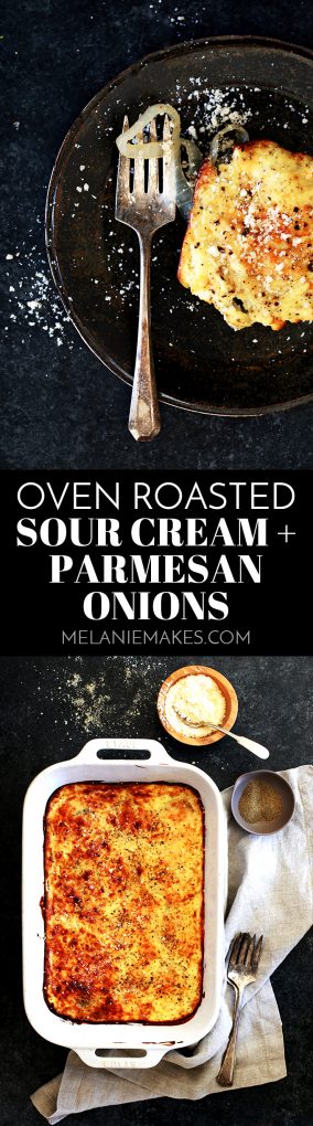 These five ingredient Oven Roasted Sour Cream and Parmesan Onions are an easy side dish that is perfect for any night of the week and equally special at a holiday dinner table.  Onion rounds are drizzled in olive oil and oven roasted before being slathered in a sour cream and Parmesan cheese sauce and baked until golden brown.