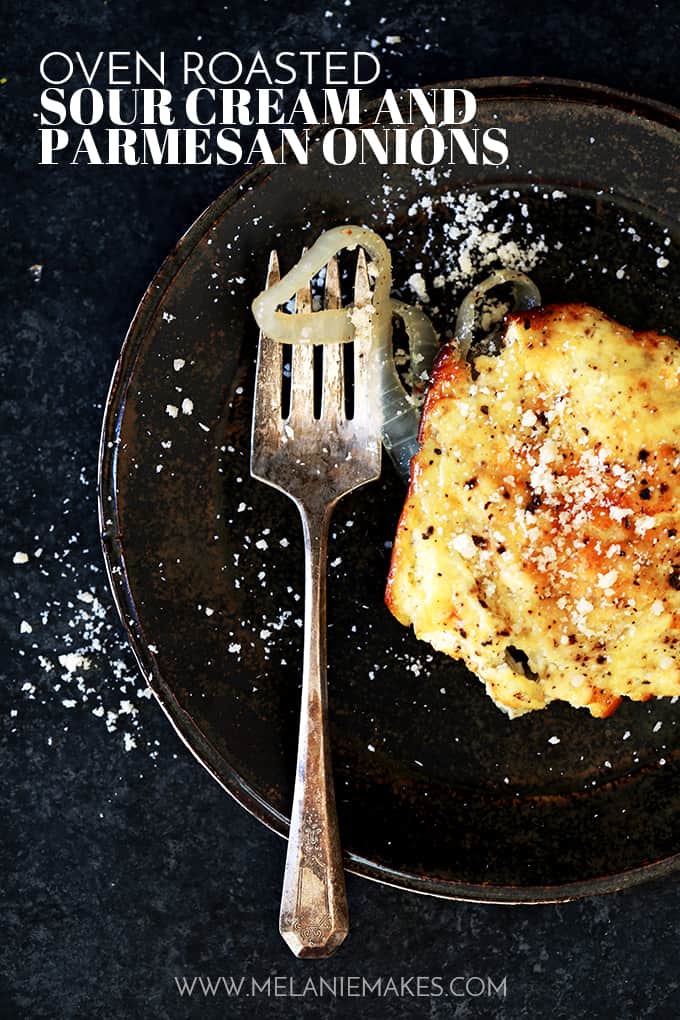 These five ingredient Oven Roasted Sour Cream and Parmesan Onions are an easy side dish that is perfect for any night of the week and equally special at a holiday dinner table.  Onion rounds are drizzled in olive oil and oven roasted before being slathered in a sour cream and Parmesan cheese sauce and baked until golden brown.