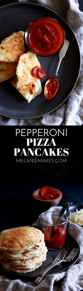 These Pepperoni Pizza Pancakes make a quick and delicious snack, lunch or dinner.  A homemade baking mix, eggs, milk and herbs are stirred together before being bedazzled with a mountain of cheese and pepperoni.  In less than 15 minutes, you've got a stack of savory flapjacks ready and waiting to be dipped into some warmed marinara sauce.