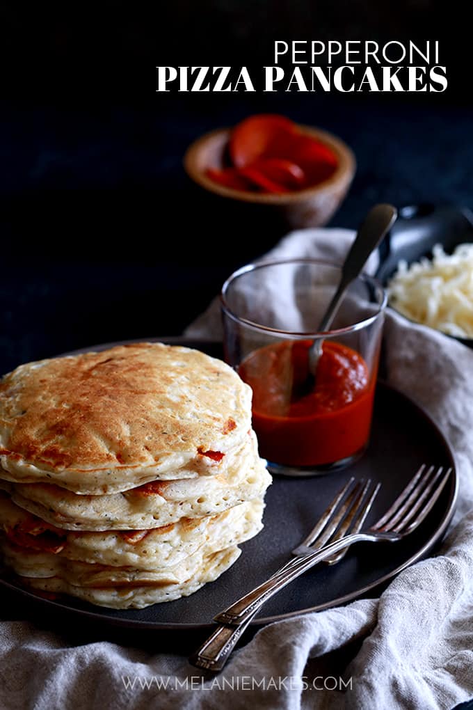 These Pepperoni Pizza Pancakes make a quick and delicious snack, lunch or dinner.Â  A homemade baking mix, eggs, milk and herbs are stirred together before being bedazzled with a mountain of cheese and pepperoni.Â  In less than 15 minutes, you've got a stack of savory flapjacks ready and waiting to be dipped into some warmed marinara sauce.