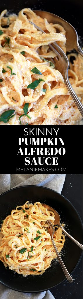 This eight ingredient Skinny Pumpkin Alfredo Sauce uses common pantry and fridge ingredients which means you can enjoy it any day of the week without making a special trip to the grocery store.  Garlic, Parmesan cheese, chicken broth and Greek yogurt are thickened into an amazing creamy sauce.  Once you stir in pumpkin puree and a sprinkle of ground nutmeg, well, an autumn pasta favorite is born.
