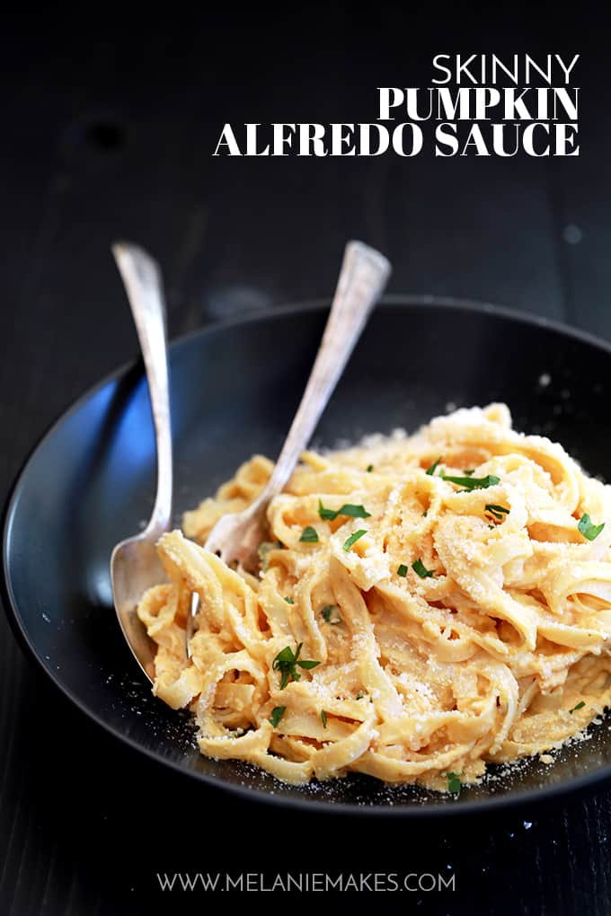 This eight ingredientÂ Skinny Pumpkin Alfredo Sauce uses common pantry and fridge ingredients which means you can enjoy it any day of the week without making a special trip to the grocery store.Â  Garlic, Parmesan cheese, chicken broth and Greek yogurt are thickened into an amazing creamy sauce.Â  Once you stir in pumpkin puree and a sprinkle of ground nutmeg, well, an autumn pasta favorite is born.