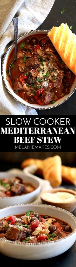 A balsamic vinegar spiked broth is the base of this Slow Cooker Mediterranean Beef Stew that's dotted with stew meat, tomatoes, mushrooms, olives and capers.  Each bowl of this rich and hearty stew is then sprinkled with fresh parsley and grated Parmesan cheese which helps to brighten the flavors as well as to really up the flavor ante.