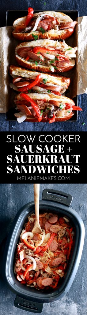 These eight ingredient Slow Cooker Sausage and Sauerkraut Sandwiches are the most hands off recipe ever. Perfect for game day or any night of the week. #slowcooker #crockpot #sausage #sauerkraut #sandwiches #gameday