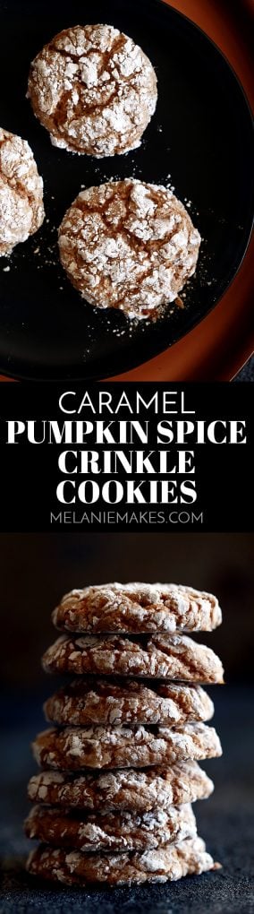 A stack of Caramel Pumpkin Spice Crinkle Cookies on a black background. #caramel #pumpkinspice #cookies #cookierecipes #melaniemakes