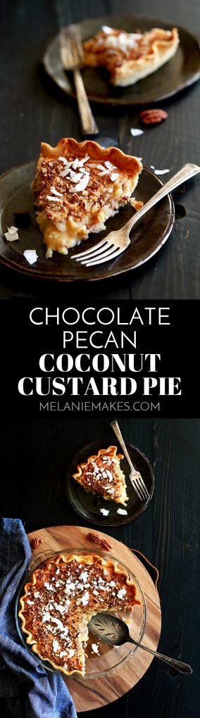 This ten ingredient Chocolate Pecan Coconut Custard Pie takes just ten minutes to prepare.  The end result is a luscious and indulgent pie perfect for any occasion. #chocolate #pecans #coconut #custard #custardpie #pie #thanksgiving #thanksgivingrecipes