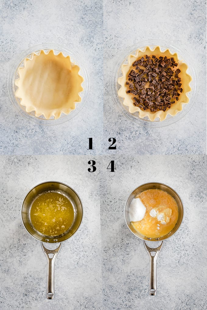 Step by step photos on how to create Chocolate Pecan Coconut Custard Pie on a white speckled background.