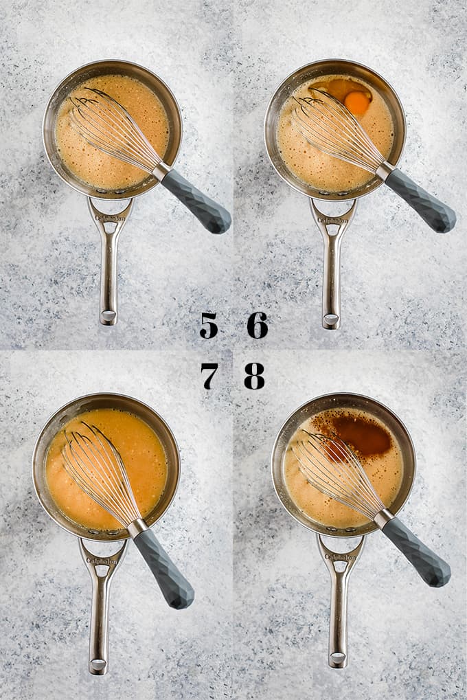 Step by step photos on how to create Chocolate Pecan Coconut Custard Pie on a white speckled background.