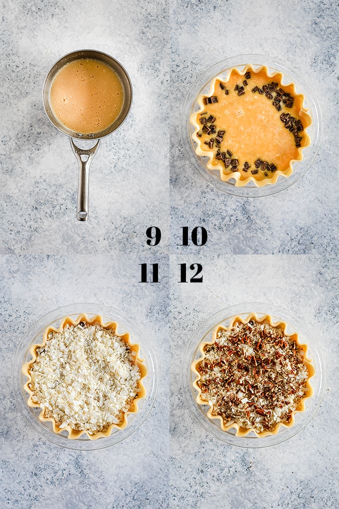 Step by step photos on how to create Chocolate Pecan Coconut Custard Pie on a white speckled background.