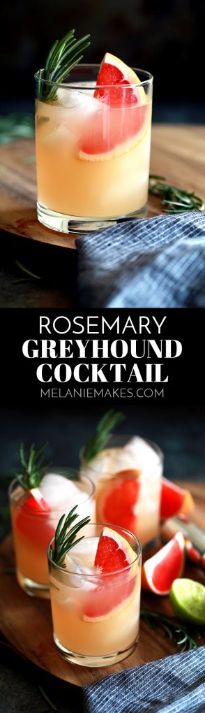 This Rosemary Greyhound Cocktail is destined to become a new favorite.  Grapefruit vodka, grapefruit juice, lime juice and rosemary simple syrup are shaken together, poured over ice and then garnished with fresh rosemary and grapefruit to create this bright and flavorful drink.  