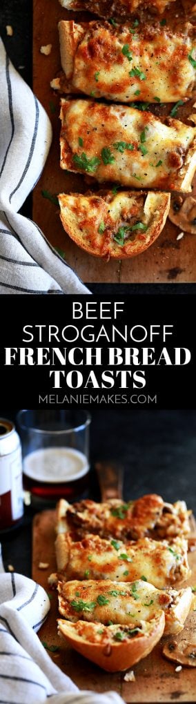 These Beef Stroganoff French Bread Toasts are perfect as a hearty appetizer for holiday get togethers or gameday or even as a family pleasing main dish. Crispy, crunchy French bread halves are loaded with a homemade beef stroganoff mixture that's then piled high with a mountain of melty, bubbly cheese. In short, it's the true definition of comfort food that's guaranteed to please anyone that's lucky enough to get a nibble.