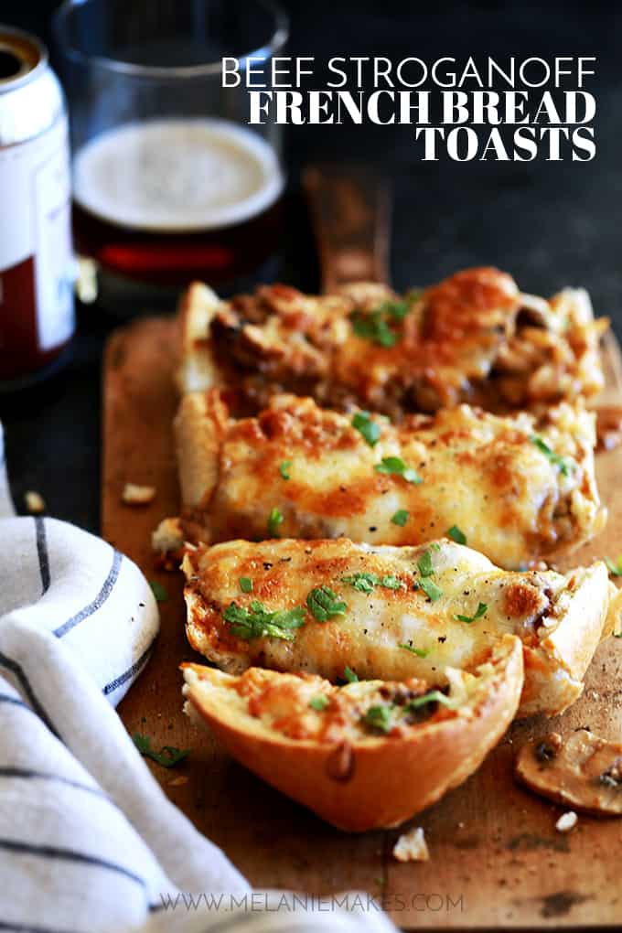 These Beef Stroganoff French Bread Toasts are perfect as a hearty appetizer for holiday get togethers or gameday or even as a family pleasing main dish. Crispy, crunchy French bread halves are loaded with a homemade beef stroganoff mixture that's then piled high with a mountain of melty, bubbly cheese. In short, it's the true definition of comfort food that's guaranteed to please anyone that's lucky enough to get a nibble. These Beef Stroganoff French Bread Toasts are perfect as a hearty appetizer for holiday get togethers or gameday or even as a family pleasing main dish. Crispy, crunchy French bread halves are loaded with a homemade beef stroganoff mixture that's then piled high with a mountain of melty, bubbly cheese. In short, it's the true definition of comfort food that's guaranteed to please anyone that's lucky enough to get a nibble.
