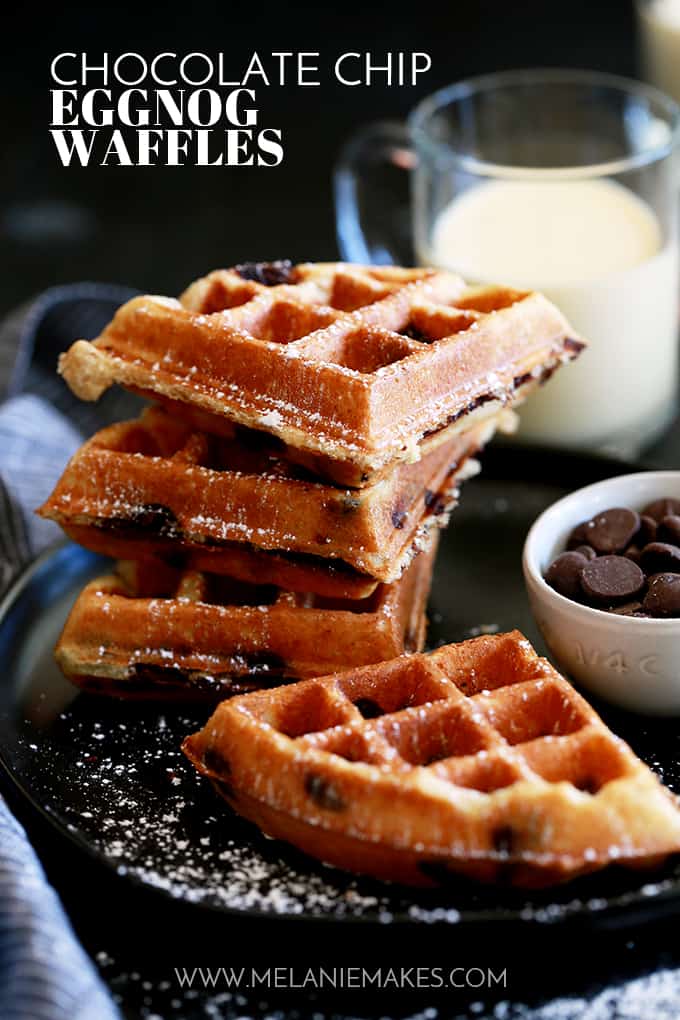 Cinnamon, vanilla, nutmeg and cloves provide the holiday flavor in these Chocolate Chip Eggnog Waffles.  But all of that delicious flavor doesn't mean extra work for you!  The eggnog provides all the flavor while the addition of yogurt to this breakfast treat makes for a waffle that's crips on the outside and light and fluffy on the inside.  Then you stir in a mountain of dark chocolate chips and, well, they're just what waffle dreams are made of!