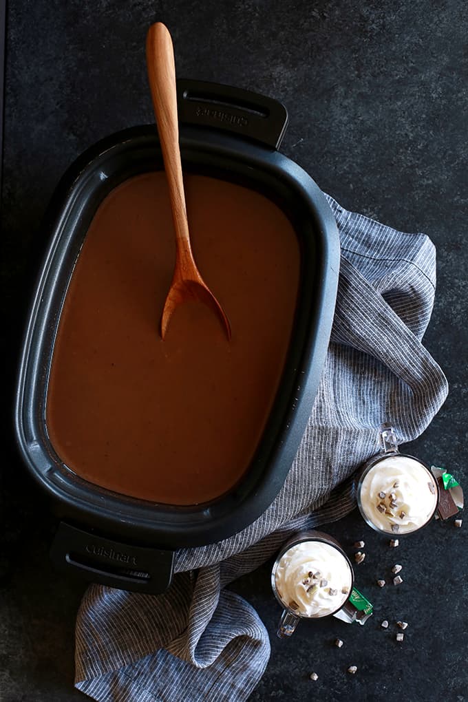 Who would believe you could make hot chocolate for 15 people in just five minutes? This Slow Cooker Andes Mint Hot Chocolate is here to make a believer out of any naysayer. Whole milk, heavy cream, cocoa, sugar and Andes Mints are whisked together into a velvety chocolate treat that will knock any coffeehouse's version down flat. Who would believe you could make hot chocolate for 15 people in just five minutes? This Slow Cooker Andes Mint Hot Chocolate is here to make a believer out of any naysayer. Whole milk, heavy cream, cocoa, sugar and Andes Mints are whisked together into a velvety chocolate treat that will knock any coffeehouse's version down flat.