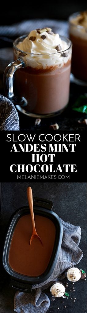 Who would believe you could make hot chocolate for 15 people in just five minutes? This Slow Cooker Andes Mint Hot Chocolate is here to make a believer out of any naysayer. Whole milk, heavy cream, cocoa, sugar and Andes Mints are whisked together into a velvety chocolate treat that will knock any coffeehouse's version down flat.