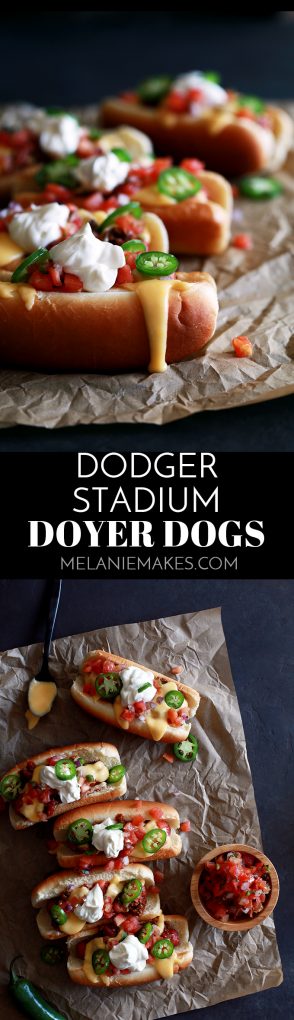 My Dodger Stadium Doyer Dogs are like bringing the ballpark home, but with a more flavorful punch!  This hot dog is nestled in a pillowy bun before being covered with my Beer Braised Beanless Chili, Beer Cheese Fondue, pico de gallo, sour cream and sliced jalapeños.