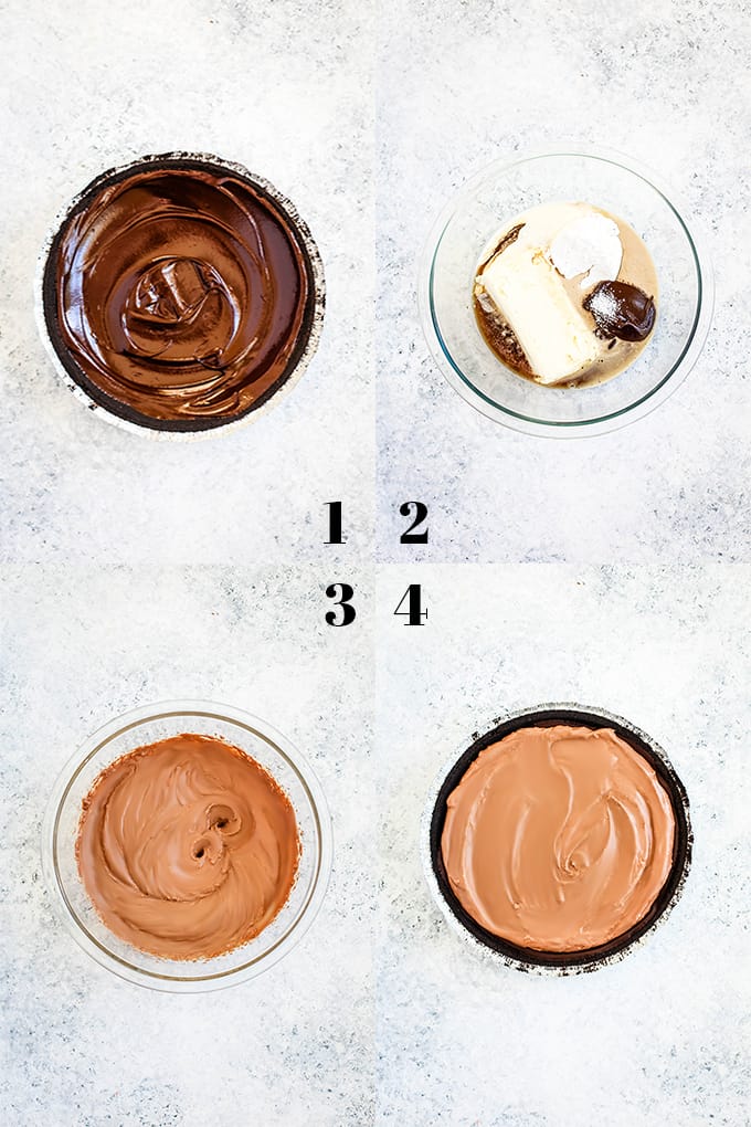 How to make a No Bake Guinness Chocolate Cheesecake, steps 1-4.