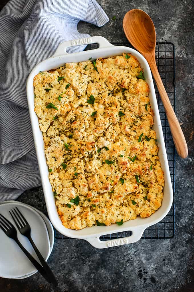 An overhead view of Upside Down Pizza Casserole in a white baking dish.
