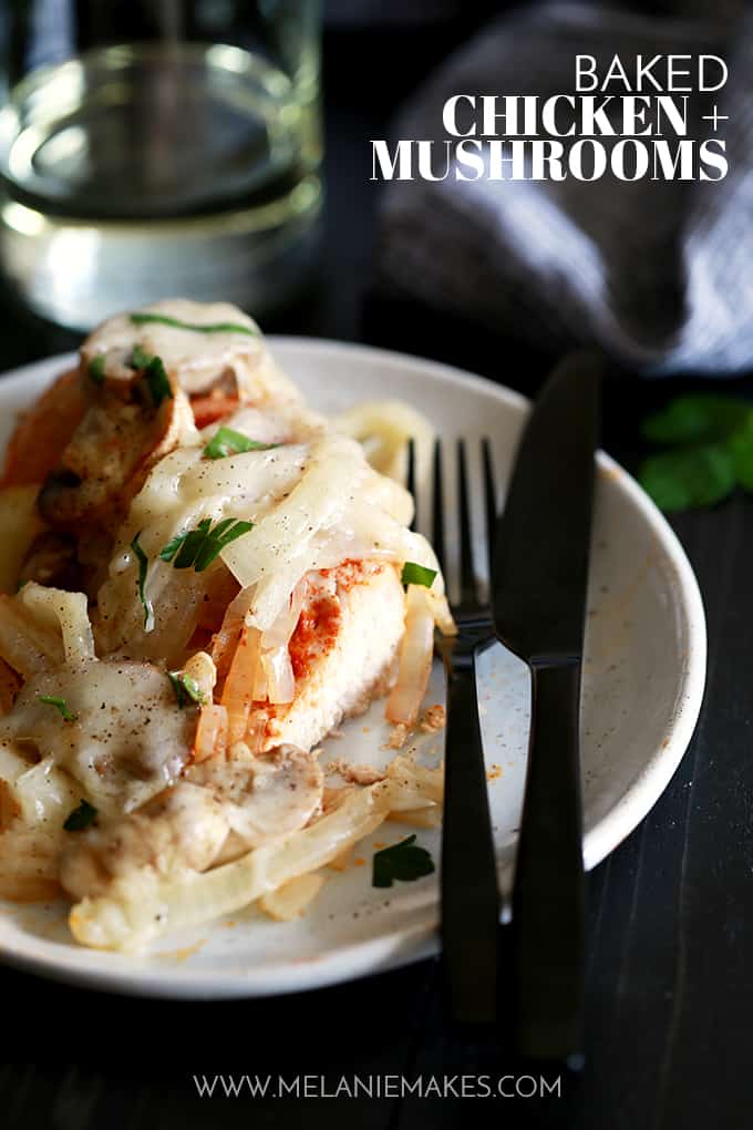 This Baked Chicken and Mushrooms is all about flavor.Â  Layers and layers of flavor.Â  Chicken breasts are sprinkled with smoked Spanish paprika before being piled high with sliced onions and mushrooms.Â  It's all then topped with a melty cap of mozzarella cheese.