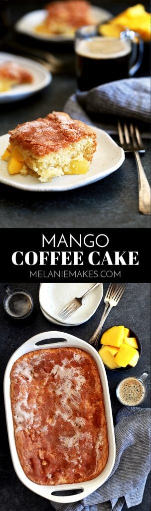This delicious Mango Coffee Cake is a tropical sensation! Fresh mango is folded into a light cake batter before being dusted with cinnamon and sugar. #mango #coffeecake #breakfast #brunch #cake #easyrecipe