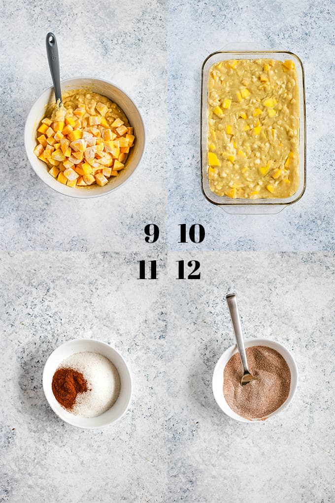 This delicious Mango Coffee Cake is a tropical sensation! Fresh mango is folded into a light cake batter before being dusted with cinnamon and sugar. #mango #coffeecake #breakfast #brunch #cake #easyrecipe How to prepare Mango Coffee Cake, steps 9-12.