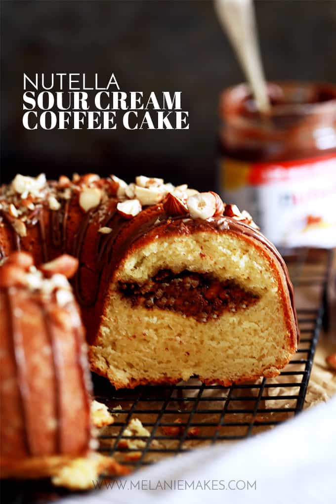 An entire cup of sour cream in this Nutella Sour Cream Coffee Cake insures a tender end result.  Not only does this cake feature a tunnel of Nutella and chopped hazelnuts throughout the inside of the cake, but the finished cake is also garnished with drizzled Nutella and more chopped hazelnuts.  In other words, it's heaven in coffee cake form.   