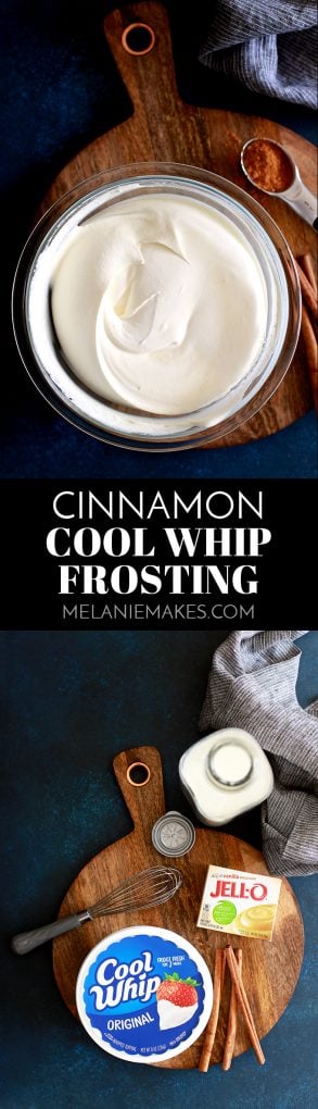 This Cinnamon Cool Whip Frosting takes just five minutes to prepare.  Perfect for your next cake, cupcakes or even as a dip for fresh fruit. #coolwhip #frosting #cinnamon #easyrecipe #cake