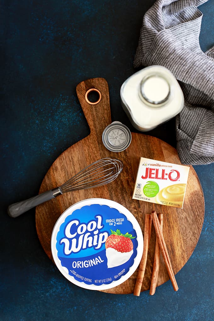 All of the ingredients needed to create Cinnamon Cool Whip Frosting.