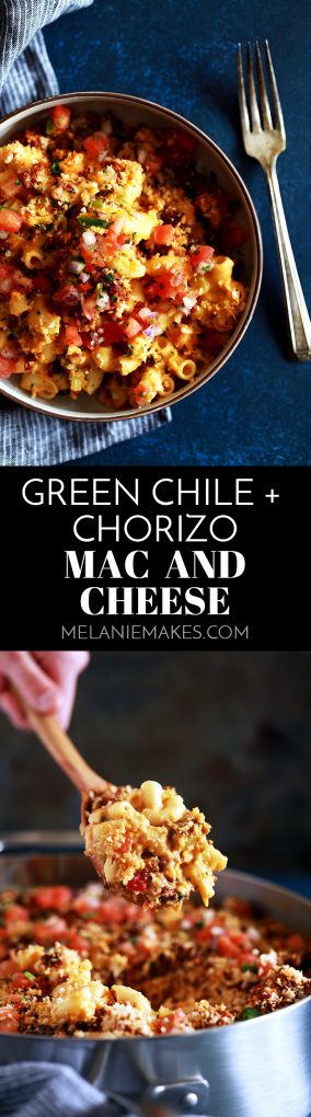 My Green Chile and Chorizo Mac and Cheese is a knock off of ballpark food but with the flavor dial turned up a notch.   Diced green chiles are stirred into a melty and luscious macaroni and cheese that's been spiked with your favorite beer.  Topped with chorizo, panko bread crumbs and pico de gallo, it's sure to have your taste buds on alert. #greenchile #chorizo #macandcheese #pasta #macaroni #cheese #beer