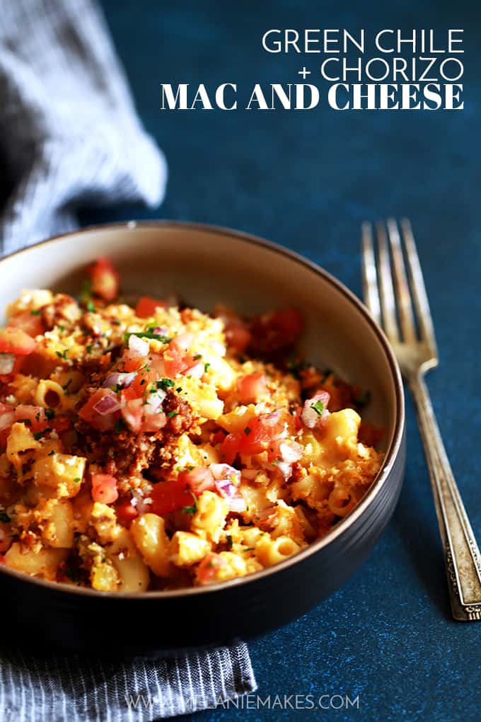 My Green Chile and Chorizo Mac and Cheese is a knock off of ballpark food but with the flavor dial turned up a notch.   Diced green chiles are stirred into a melty and luscious macaroni and cheese that's been spiked with your favorite beer.  Topped with chorizo, panko bread crumbs and pico de gallo, it's sure to have your taste buds on alert.  
