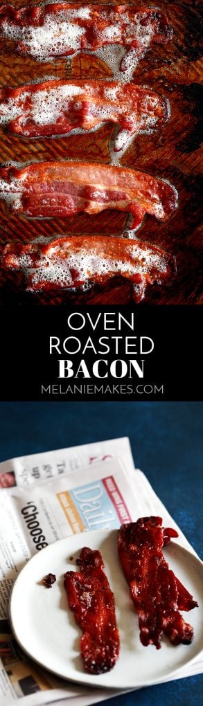 This Oven Roasted Bacon is the easiest and less messy way to make bacon. EVER. Forget spattering grease and standing over a screaming hot stovetop. In just 15 minutes, you can have perfectly crisp bacon with hardly any effort! #bacon #breakfast #roasted #oven #pork #brunch