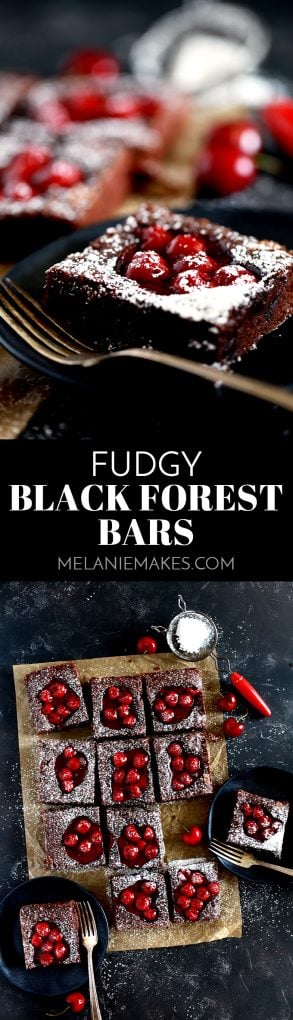 These easy Fudgy Black Forest Bars are loaded with chocolate chunks and puddles of cherry pie filling and finished with a shower of powdered sugar. #blackforest #chocolate #cherry #dessertfoodrecipes #desserts