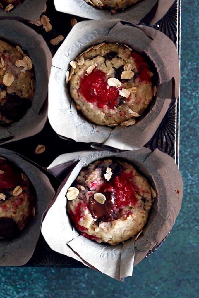 These five ingredient Raspberry Chocolate Chunk Oatmeal Muffins are totally coffee shop worthy, yet take just five minutes to prep thanks to my kitchen shortcut.