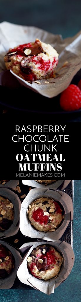 These five ingredient Raspberry Chocolate Chunk Oatmeal Muffins are totally coffee shop worthy, yet take just five minutes to prep thanks to my kitchen shortcut. #raspberry #chocolate #chocolatechunk #chocolatechip #oatmeal #muffins #breakfast #brunch #easyrecipe