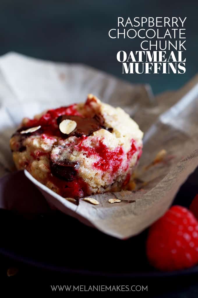 These five ingredient Raspberry Chocolate Chunk Oatmeal Muffins are totally coffee shop worthy, yet take just five minutes to prep thanks to my kitchen shortcut.