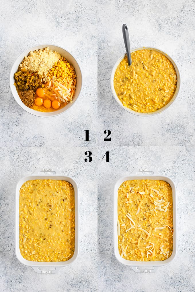How to prepare a Southwest Green Chile Corn Casserole, steps 1-4.