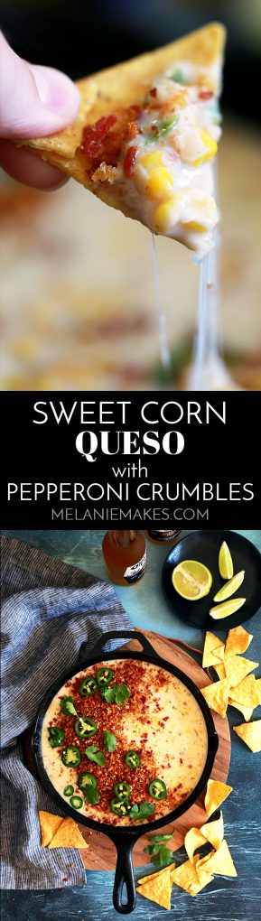 This Sweet Corn Queso with Pepperoni Crumbs literally comes together by just stirring ingredients together with a spoon in a cast iron skillet.  Red onion, garlic, jalapeño and corn are stirred into Monterey Jack cheese to create this incredible queso that's garnished with the most insanely delicious pepperoni crumbs, cilantro and jalapeños. #corn #sweetcorn #queso #jalapeno #montereyjack #cheese #appetizer #partyrecipe