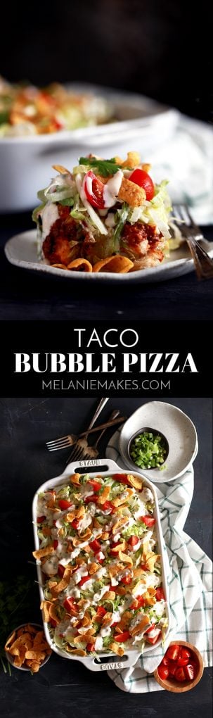 What makes my Taco Bubble Pizza a dinner favorite?  Topped with all the usual taco suspects - ground beef, taco sauce, shredded lettuce, tomatoes, green onions - there's also two toppings which make my Taco Bubble Pizza stand out from the crowd.  You'll no doubt love the crunch of corn chips and homemade chipotle yogurt sauce on this mashup recipe. #tacos #pizza #mexican #bubblepizza #fritos #maindish #easyrecipe #beef