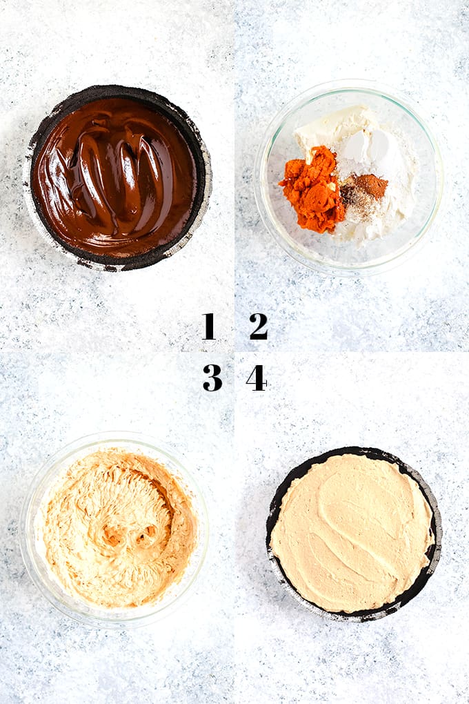 How to prepare Black Bottom No Bake Pumpkin Cheesecake, steps 1-4.