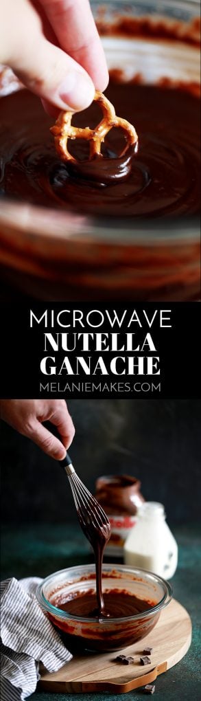This three ingredient Microwave Nutella Ganache comes together in just five minutes. It’s amazing on its own as a dip for fresh fruit or other snacks and also makes for a delicious glaze, sauce or filling for your favorite dessert. #chocolate #ganache #nutella #desserts #easydesserts