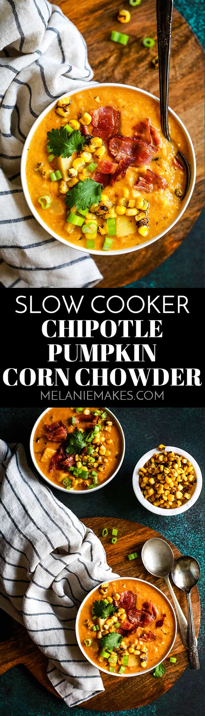 This Slow Cooker Chipotle Pumpkin Corn Chowder is like autumn in a bowl.  A hearty chowder that's a bit earthy, has a little spice and, of course, all the best garnishes! #slowcooker #crockpot #chipotle #pumpkin #corn #soup #chowder #cornchowder #bacon