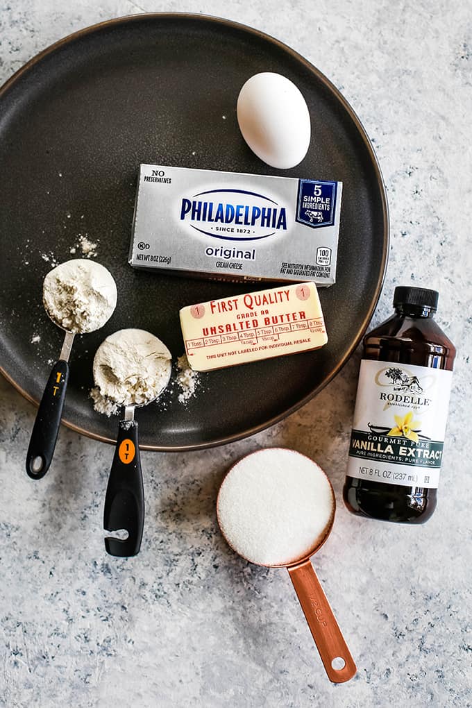 Ingredients to create the cream cheese filling for a An Apple Cream Cheese Bundt Cake.