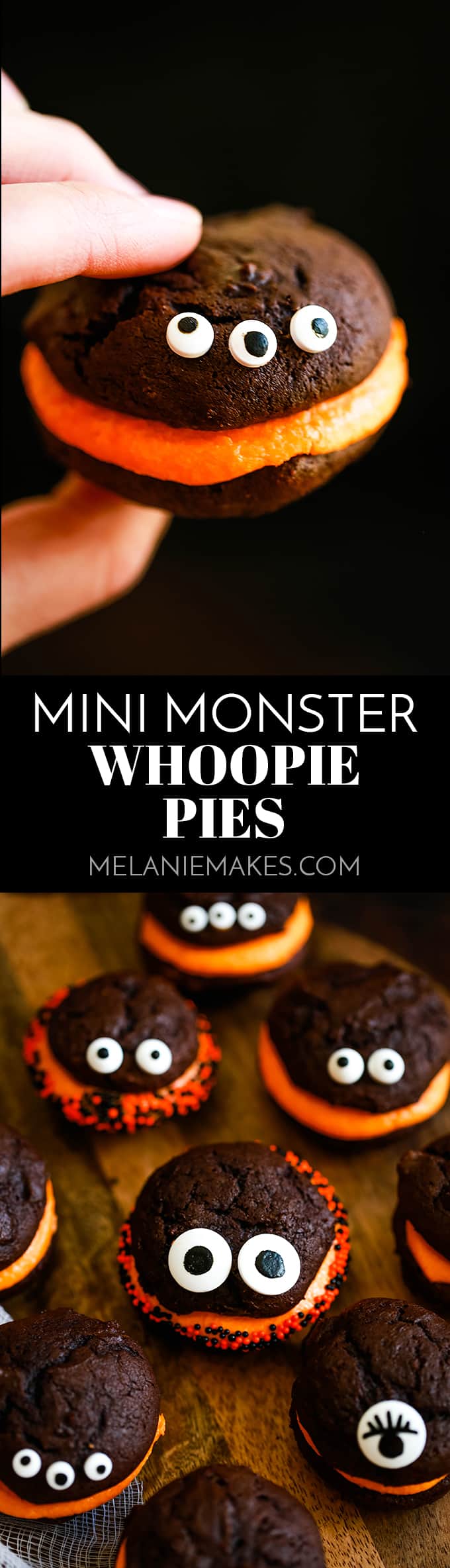 These Mini Monster Chocolate Whoopie Pies are perfect for Halloween. They couldn’t be easier to create and are guaranteed to bring smiles to the table! #monster #halloween #whoopiepie #chocolate #orange #party #fall