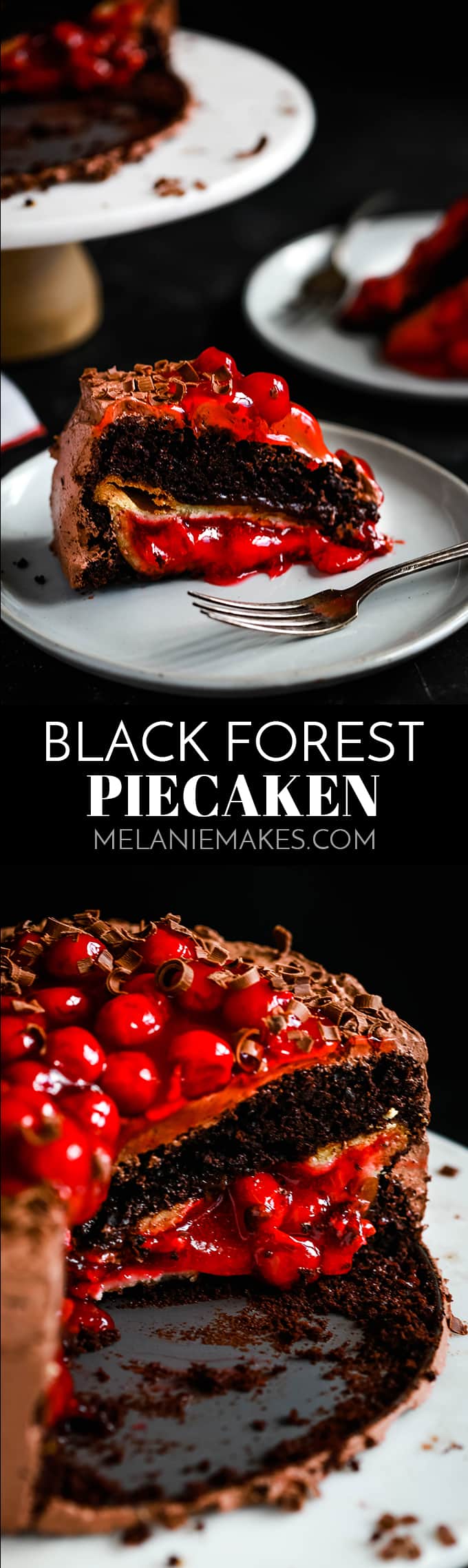 What is a Black Forest Piecaken, you ask?  A whole cherry pie is baked within a fudgy chocolate cake and it takes just minutes to prepare! #blackforest #blackforestcake #chocolatecake #cherrypie #pie #chocolate #frosting