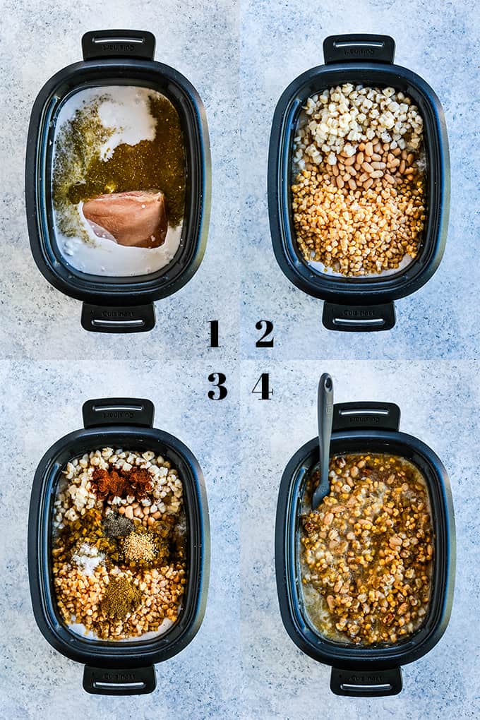 Step by step photos of how to create Slow Cooker Coconut Lime White Chicken Chili on a white speckled background.