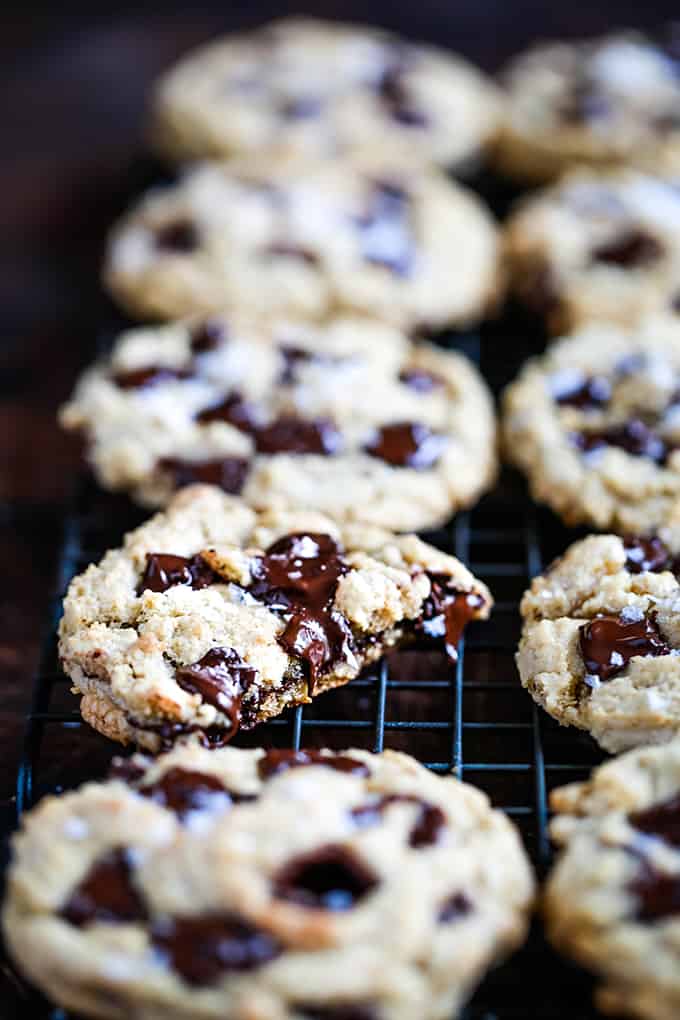 Salted Chocolate Chunk Cookies on a cooling rack.