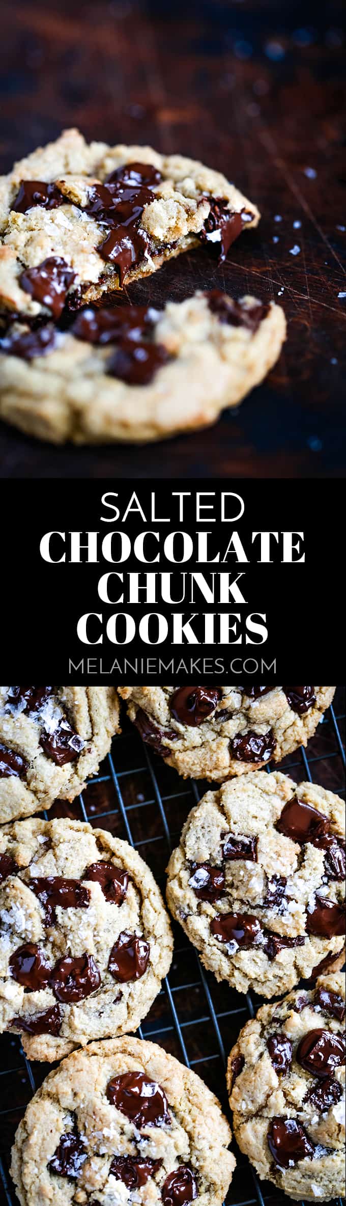 Studded with dark chocolate chunks and sprinkled with sea salt flakes, these soft and chewy Salted Chocolate Chunk Cookies are insanely delicious. #cookies #chocolate #salt #cookierecipes #desserts #easyrecipe
