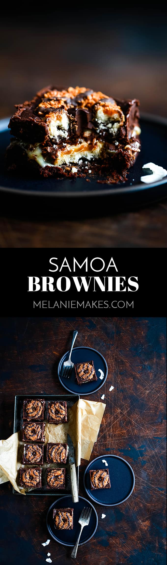 This decadent Samoa Brownies recipe has it all! Fudgy brownie, two layers of Samoa Girl Scout cookies, dulce de leche, coconut and chocolate ganache. #brownies #chocolate #cookies #caramel #coconut #desserts
