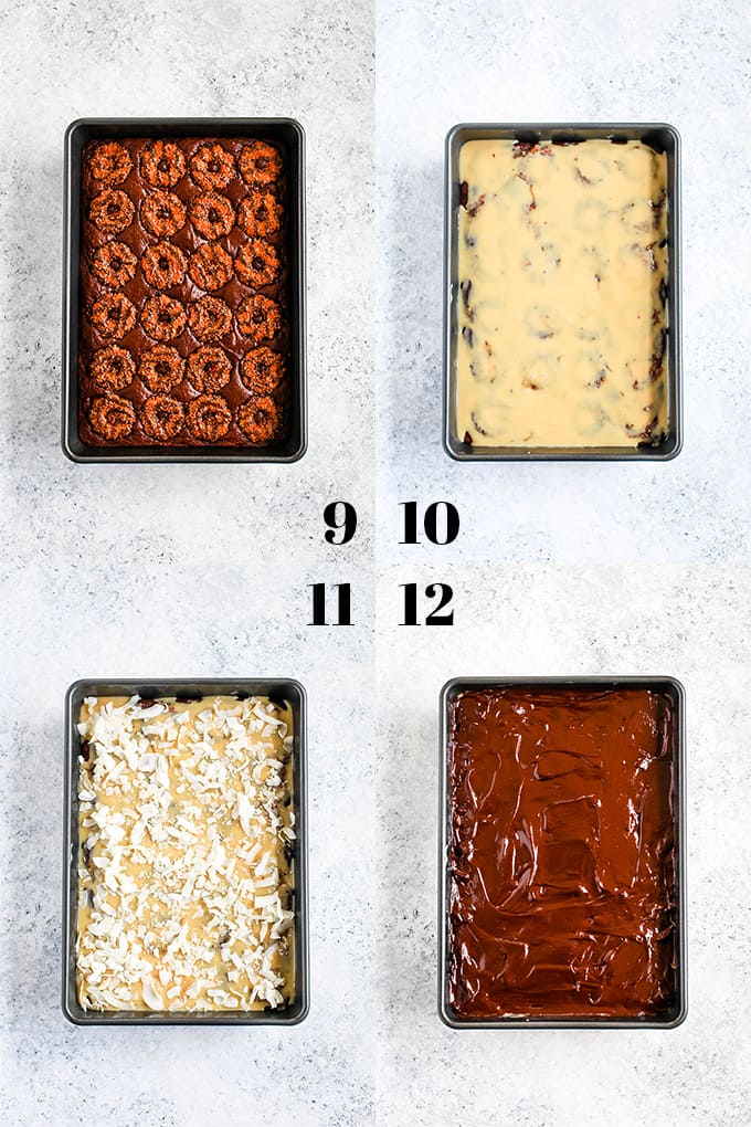 This decadent Samoa Brownies recipe has it all! Fudgy brownie, two layers of Samoa Girl Scout cookies, dulce de leche, coconut and chocolate ganache. #brownies #chocolate #cookies #caramel #coconut #desserts How to prepare Samoa Brownies, steps 9-12.