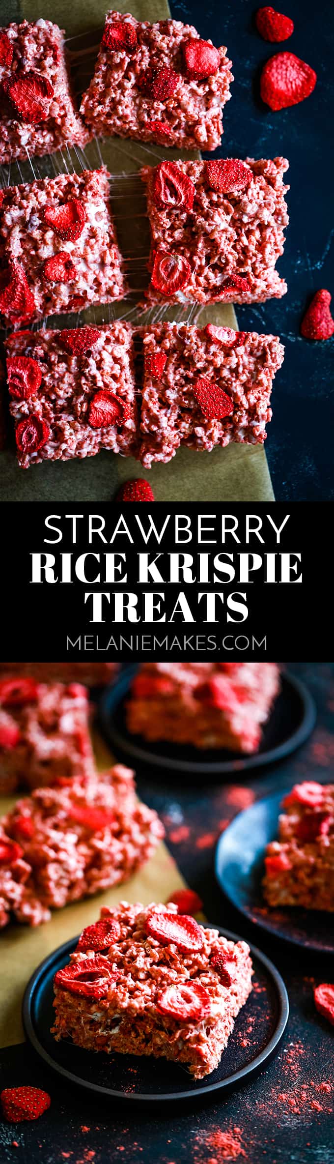 These Strawberry Rice Krispie Treats have three layers of strawberry flavor and take just 10 minutes to prepare. The perfect springtime treat! #strawberry #ricekrispietreats #nobake #desserts #easyrecipe